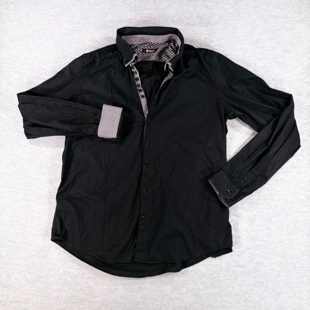 7 Camicie Button Down Shirt Mens XL Black Contrast Trim Italian Style Flip Cuff